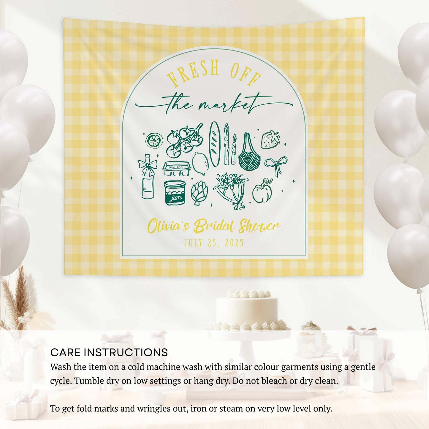 Off The Market Bridal Shower Backdrop Pink Gingham Market Wall Tapestry Personalized Off the Market Sign Bridal Shower Bouquet Photo Banner - LAUMIANstudio