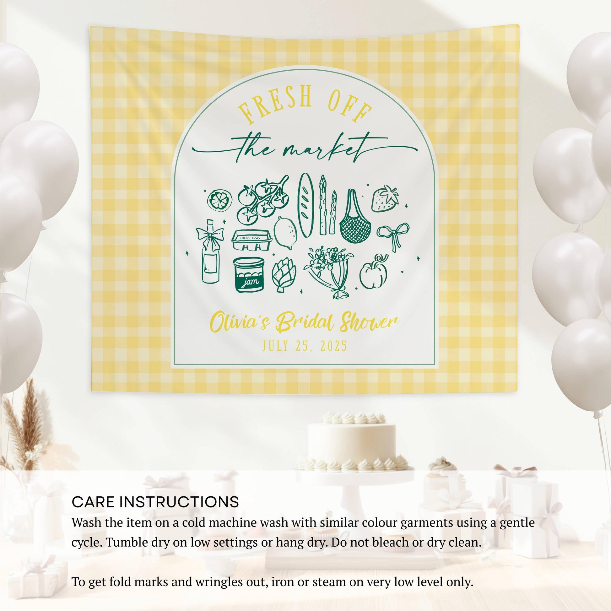 Off The Market Bridal Shower Backdrop Pink Gingham Market Wall Tapestry Personalized Off the Market Sign Bridal Shower Bouquet Photo Banner - LAUMIANstudio