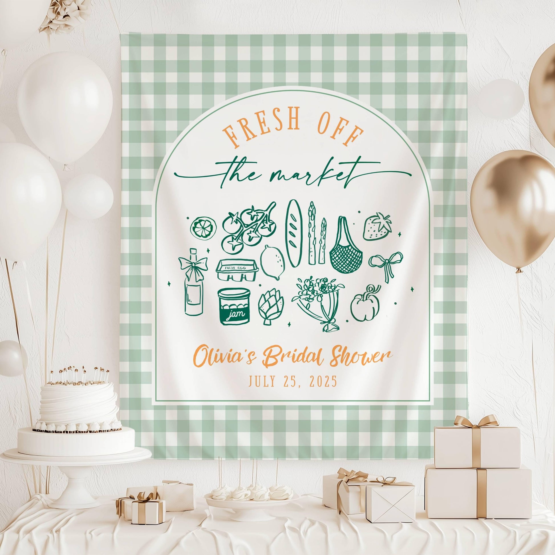 Off The Market Bridal Shower Backdrop Pink Gingham Market Wall Tapestry Personalized Off the Market Sign Bridal Shower Bouquet Photo Banner - LAUMIANstudio