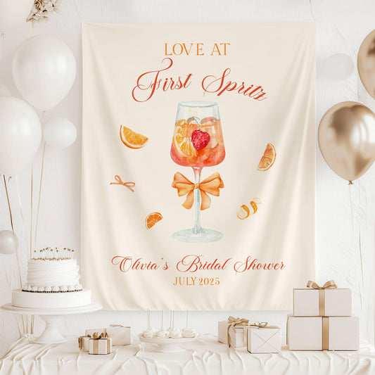 Love at First Spritz Banner Custom Aperol Spritz Bachelorette Sign Orange Spritz Bridal Shower Backdrop Cocktail Party Decor Summer Wedding - LAUMIANstudio