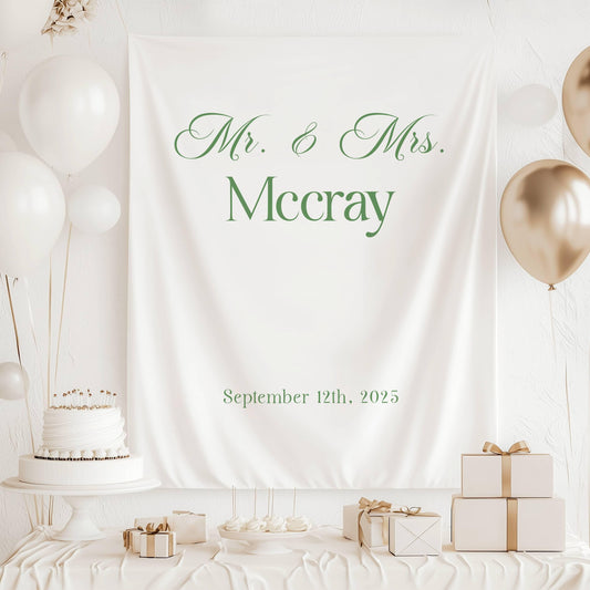 Custom Wedding Banner Mr Mrs Bridal Shower Backdrop Personalized Fabric Wedding Backdrop Just Married Welcome Sign Elegant Wedding Decor - LAUMIANstudio