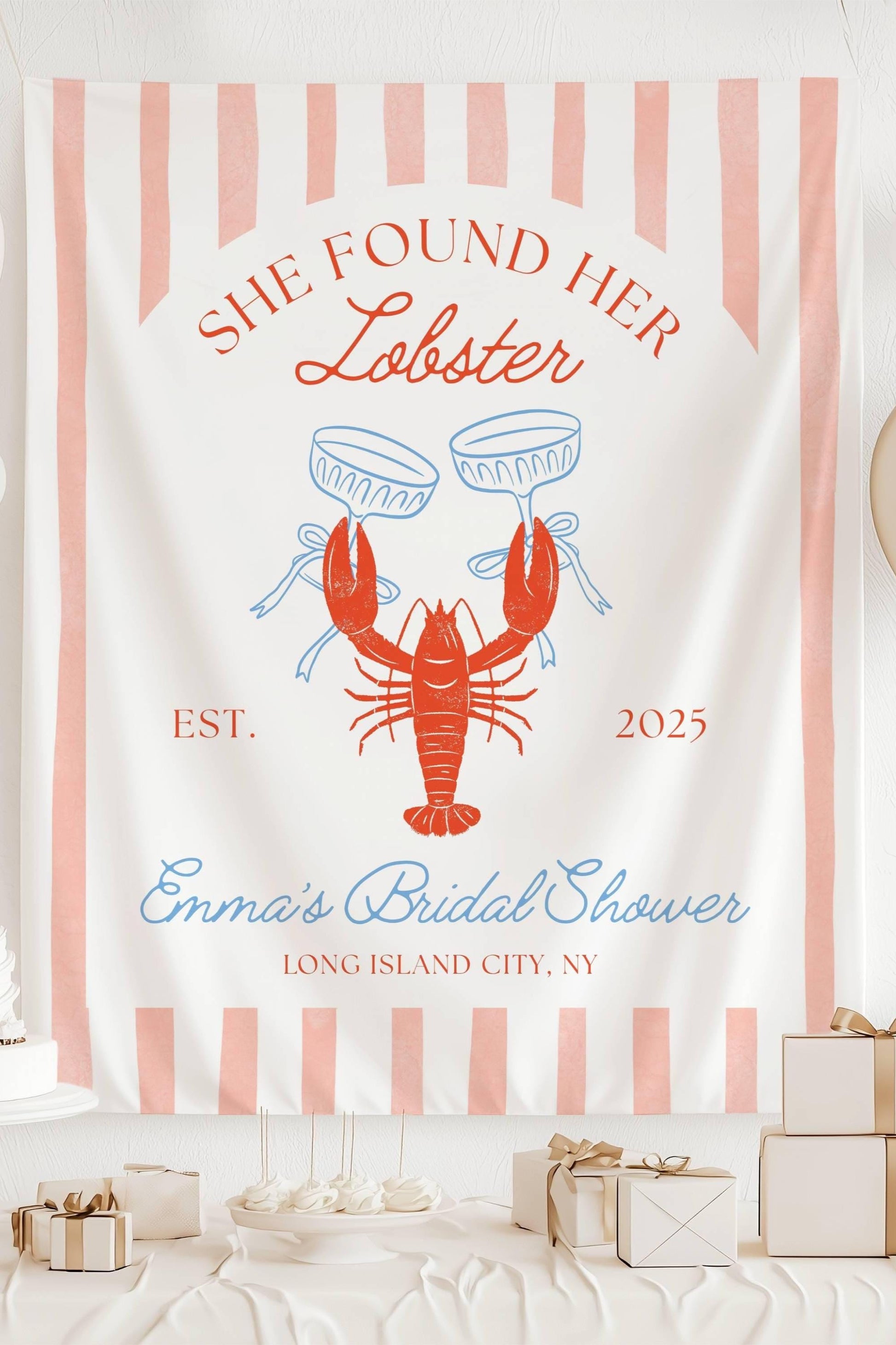 Lobster Bachelorette Backdrop She Found Her Lobster Party Decor Lobster Martini Bridal Shower Custom Banner Orange Lobster Wall Tapestry - LAUMIANstudio