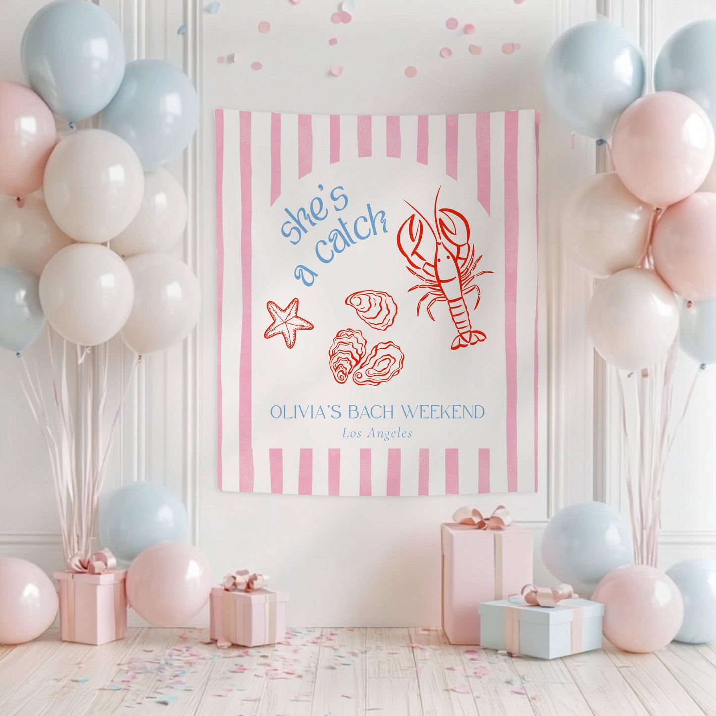 Shes a Catch Bachelorette Party Sign Custom Coastal Bach Party Banner East Coast Bridal Shower Photo Backdrop Lobster Bridal Shower Decor - LAUMIANstudio