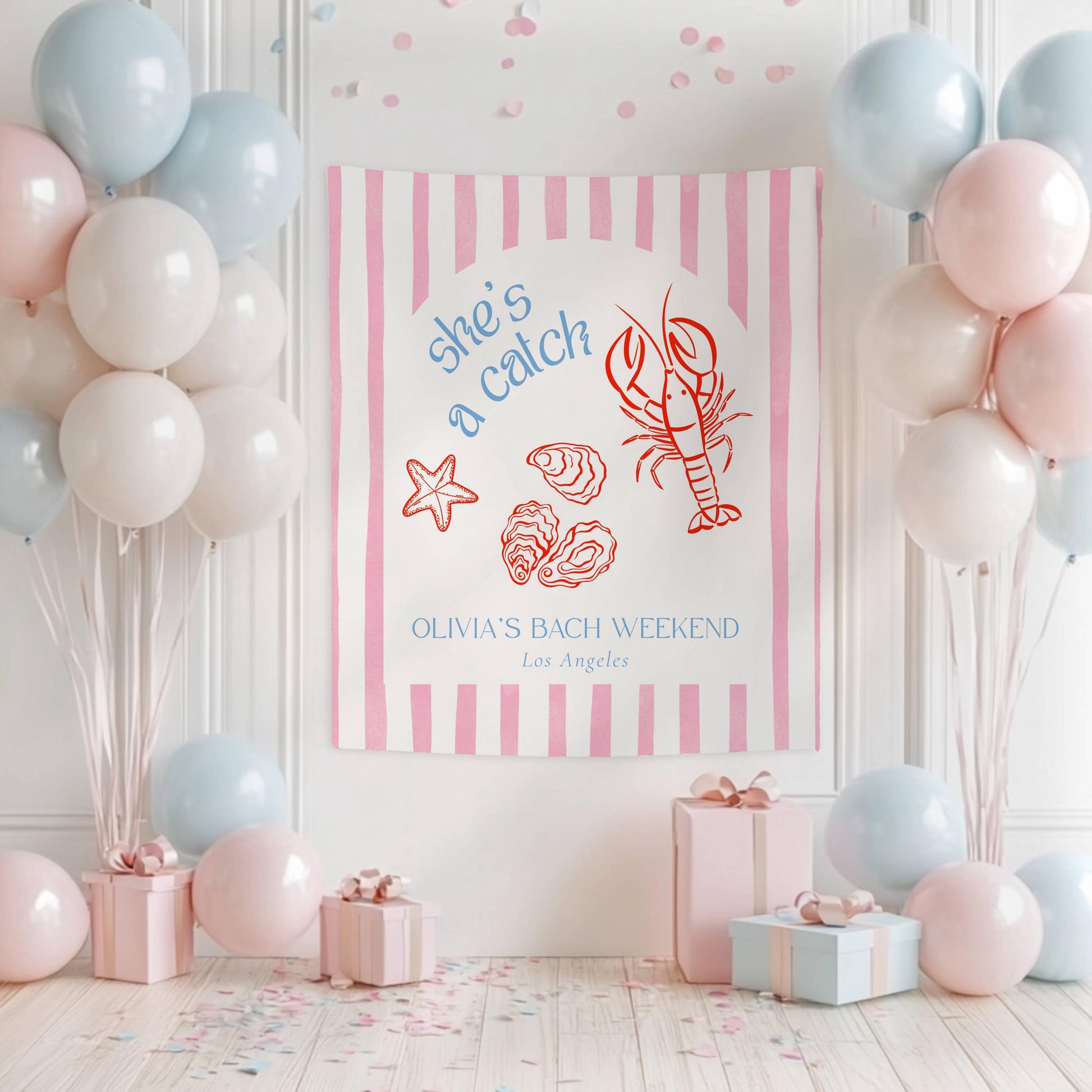 She's a Catch Bachelorette Banner Personalized Lobster Bridal Shower Backdrop Fabric Banner She is a Catch Party Coastal Bachelorette Banner - LAUMIANstudio