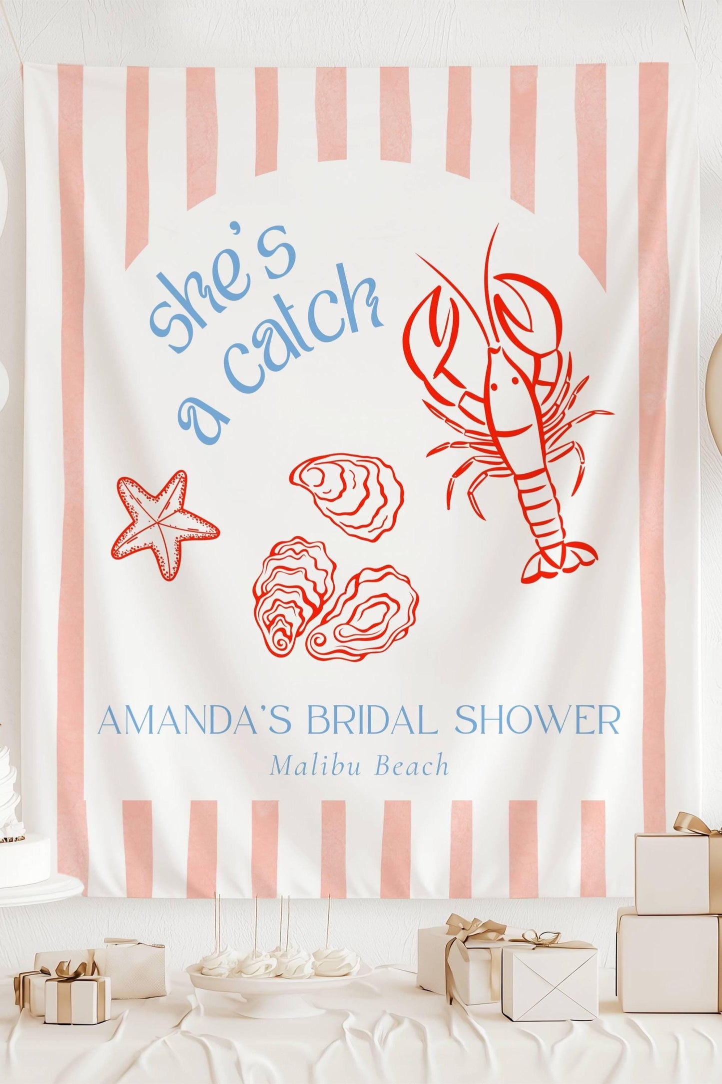 Shes a Catch Bachelorette Party Sign Custom Coastal Bach Party Banner East Coast Bridal Shower Photo Backdrop Lobster Bridal Shower Decor - LAUMIANstudio