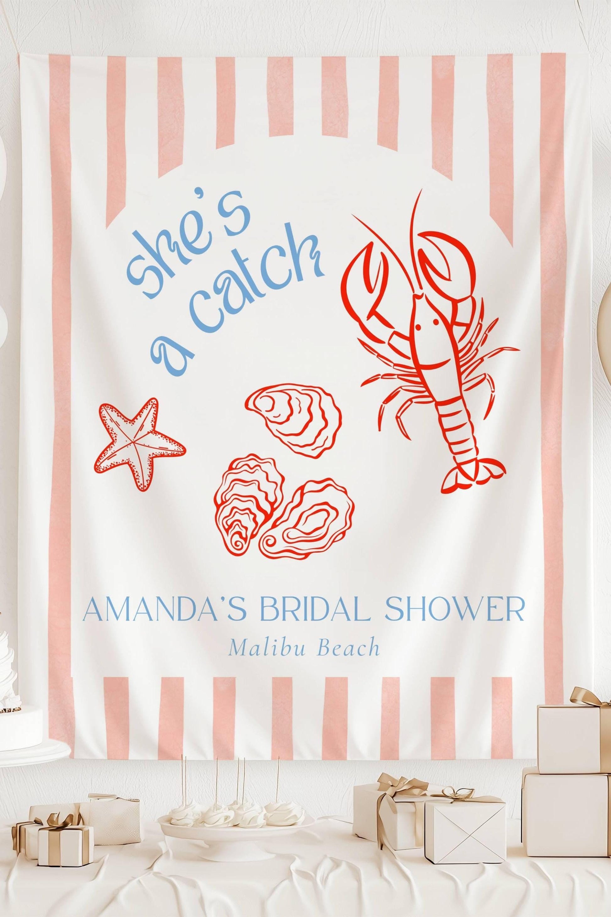 Shes a Catch Bachelorette Party Sign Custom Coastal Bach Party Banner East Coast Bridal Shower Photo Backdrop Lobster Bridal Shower Decor - LAUMIANstudio