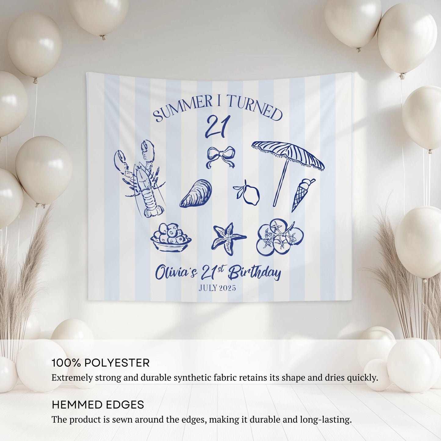 21st Birthday Patry Decor Summer I Turned 21 Banner Personalized Twenty First Birthday Welcome Sign Summer Coastal Birthday Photo Backdrop - LAUMIANstudio