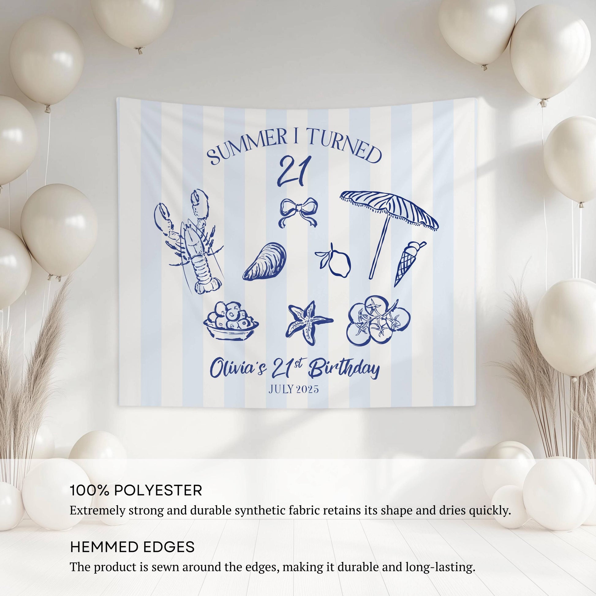 21st Birthday Patry Decor Summer I Turned 21 Banner Personalized Twenty First Birthday Welcome Sign Summer Coastal Birthday Photo Backdrop - LAUMIANstudio