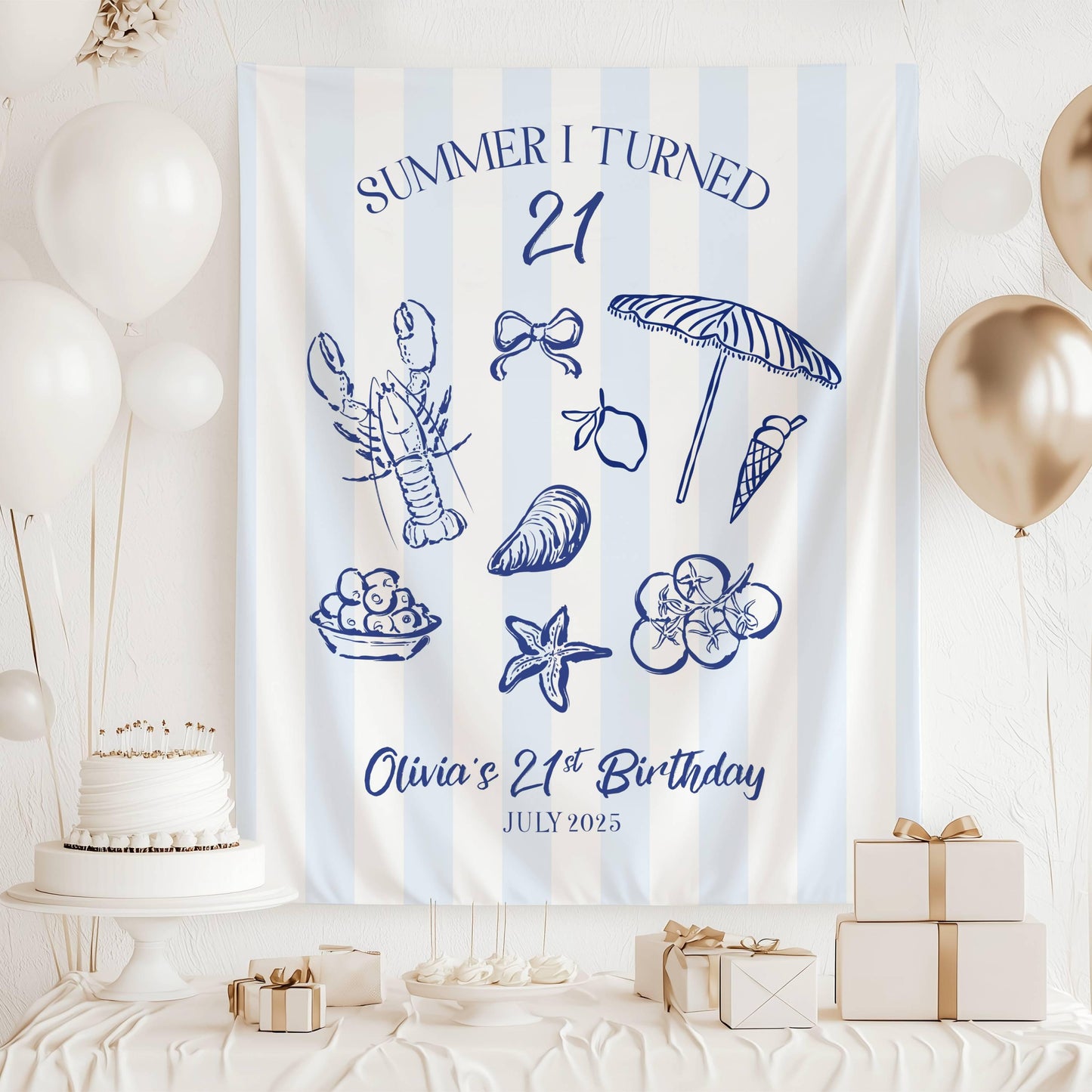 21st Birthday Patry Decor Summer I Turned 21 Banner Personalized Twenty First Birthday Welcome Sign Summer Coastal Birthday Photo Backdrop - LAUMIANstudio