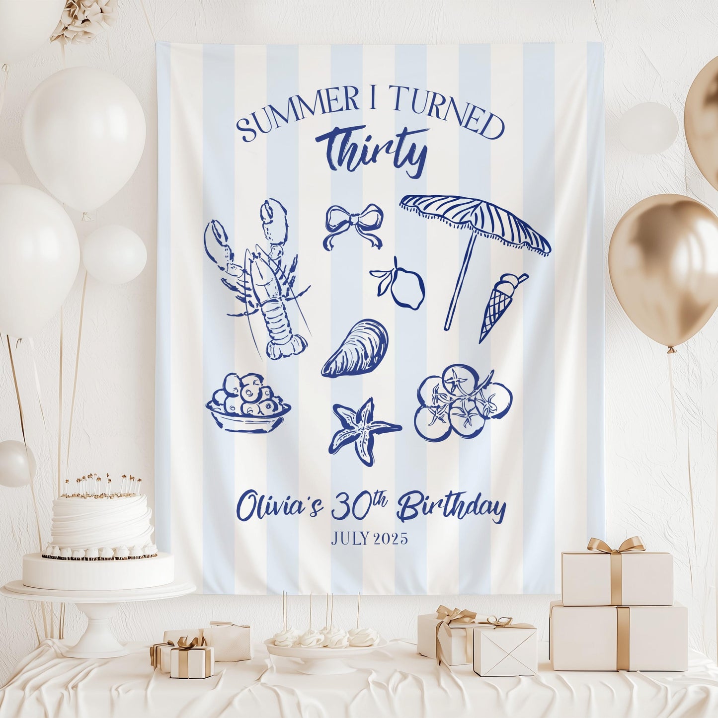 Summer I Turned Birthday Banner Custom Coastal Birthday Party Decor Beach 30th Birthday Tapestry Summer I Turned Thirty Photo Backdrop - LAUMIANstudio