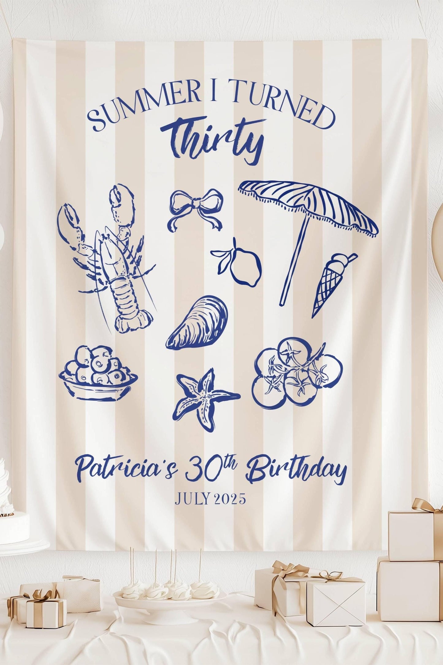 Summer I Turned Birthday Banner Custom Coastal Birthday Party Decor Beach 30th Birthday Tapestry Summer I Turned Thirty Photo Backdrop - LAUMIANstudio