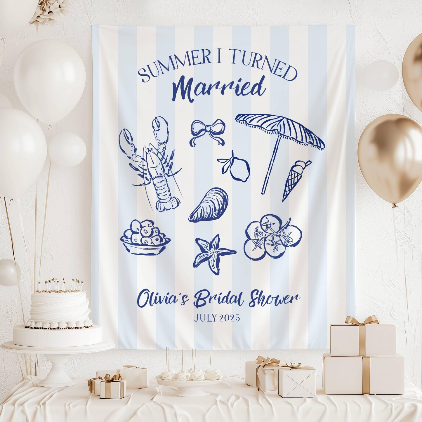 Summer I Turned Married Backdrop Custom Summer Wedding Photo Banner Coastal Bridal Shower Sign Beach Bachelorette Decor Lobster Seashell - LAUMIANstudio