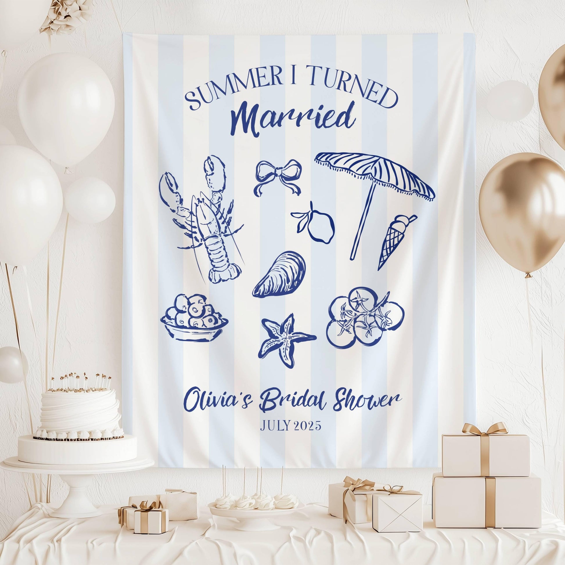 Summer I Turned Married Backdrop Custom Summer Wedding Photo Banner Coastal Bridal Shower Sign Beach Bachelorette Decor Lobster Seashell - LAUMIANstudio