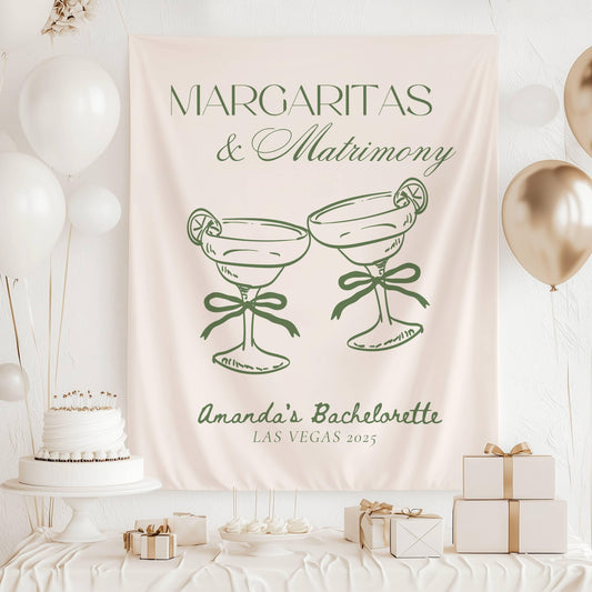 Margaritas and Matrimony Banner: Sage Green Theme Bachelorette Decor, Margarita Bridal Shower Wall Tapestry - LAUMIANstudio