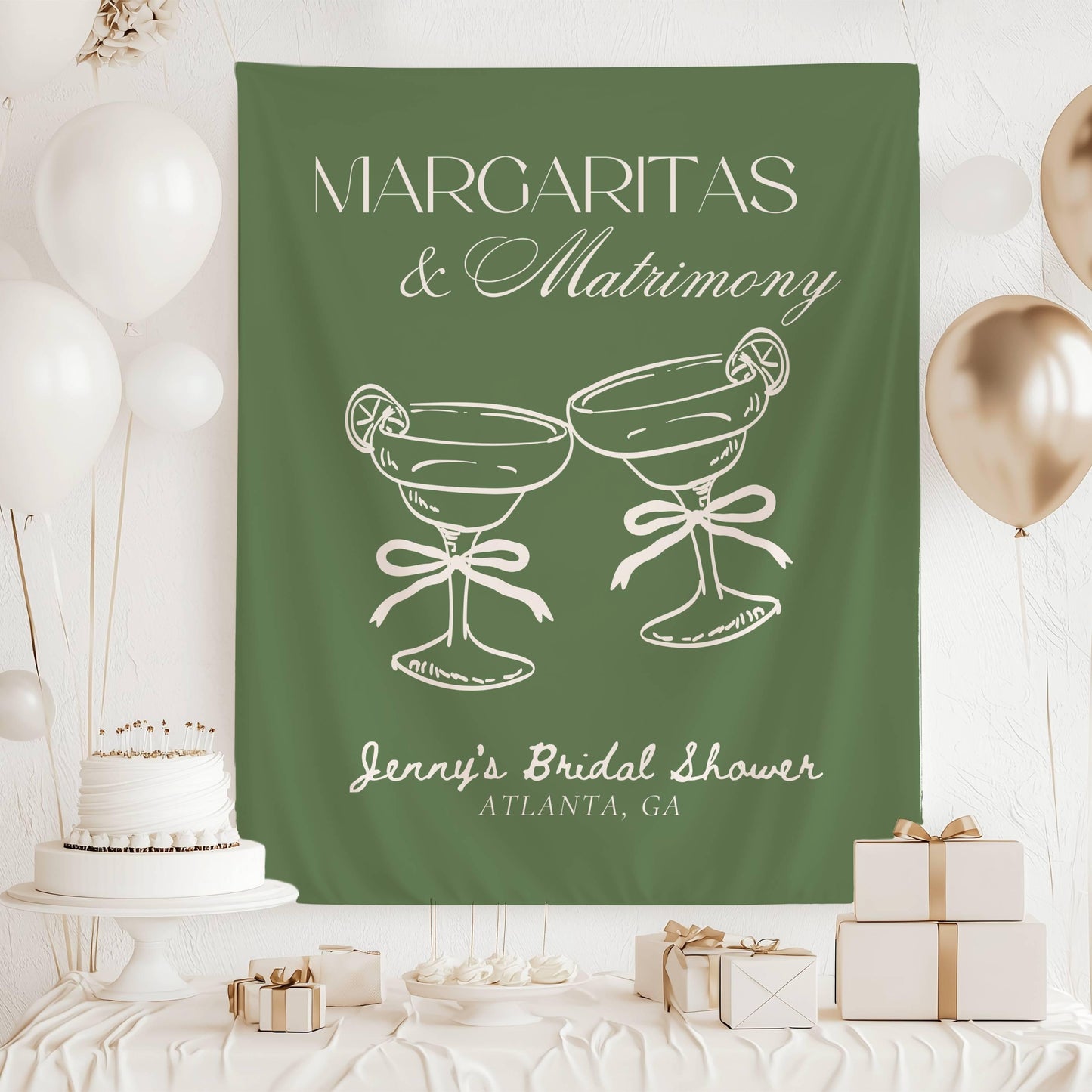 Margaritas and Matrimony Banner: Sage Green Theme Bachelorette Decor, Margarita Bridal Shower Wall Tapestry - LAUMIANstudio