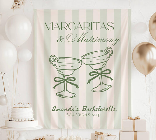 Margaritas and Matrimony Banner: Sage Green Theme Bachelorette Decor, Margarita Bridal Shower Wall Tapestry - LAUMIANstudio