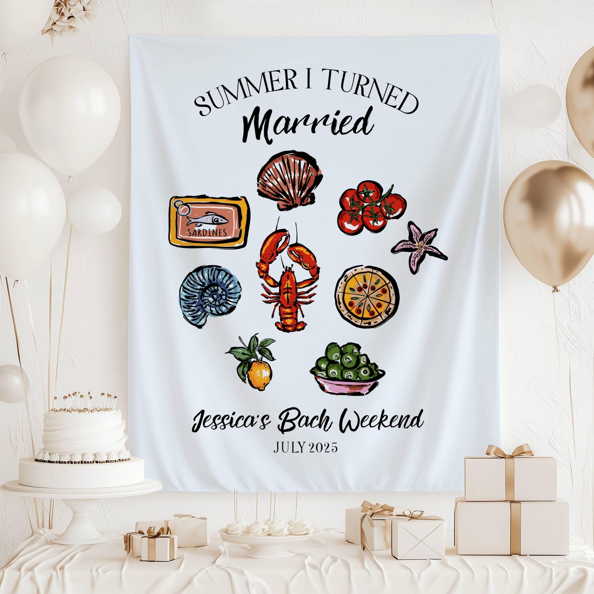 Coastal Summer I Turned Married Sign Custom Lobster Bridal Shower Banner Whimsical Seashell Fabric Backdrop Amalfi Coast Bachelorette Banner - LAUMIANstudio