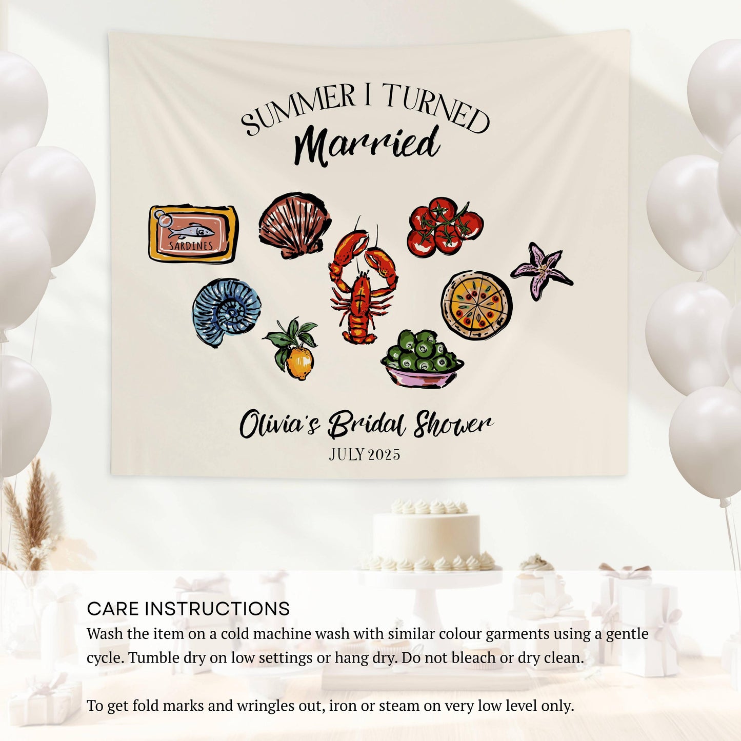 Coastal Summer I Turned Married Sign Custom Lobster Bridal Shower Banner Whimsical Seashell Fabric Backdrop Amalfi Coast Bachelorette Banner - LAUMIANstudio