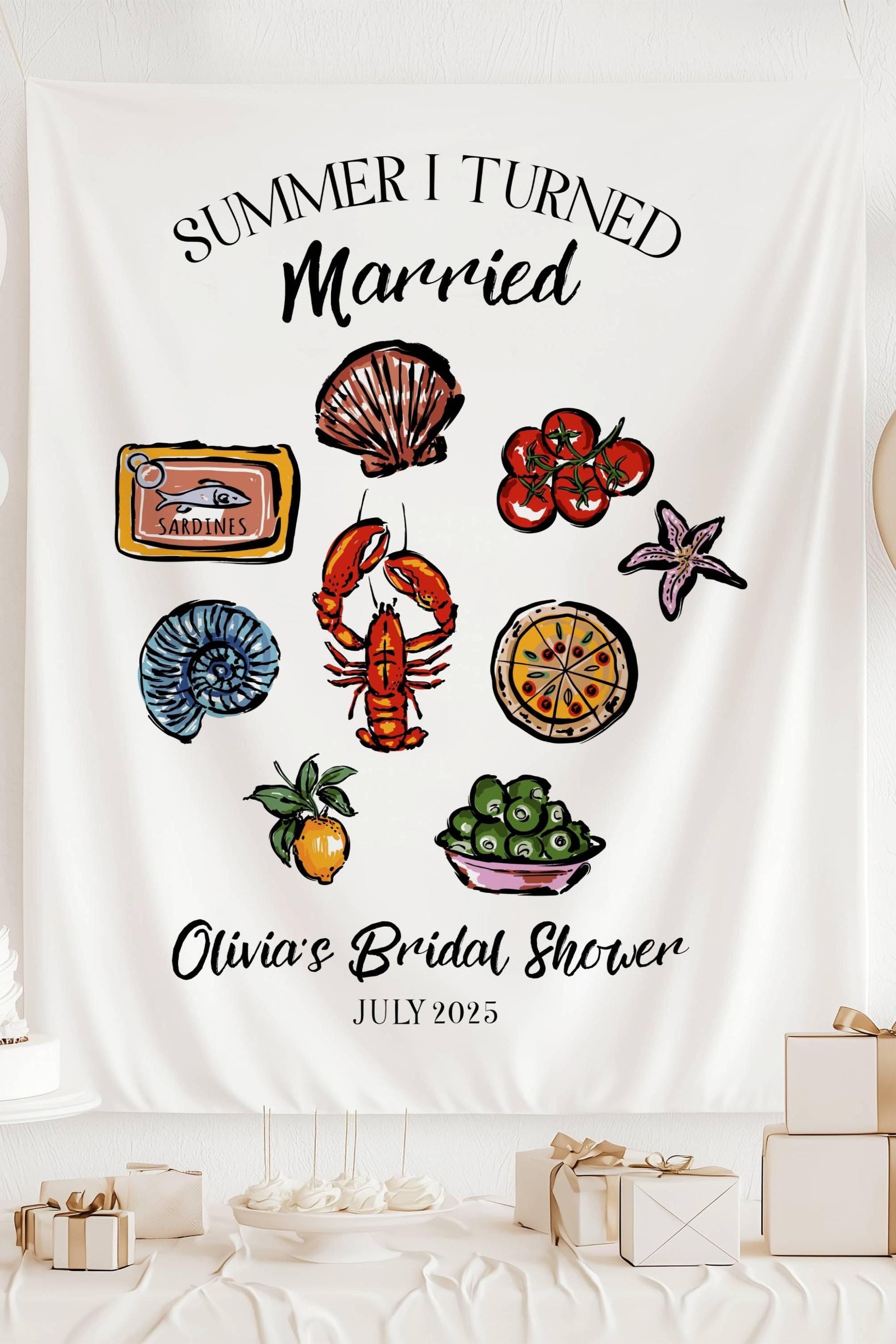 Coastal Summer I Turned Married Sign Custom Lobster Bridal Shower Banner Whimsical Seashell Fabric Backdrop Amalfi Coast Bachelorette Banner - LAUMIANstudio