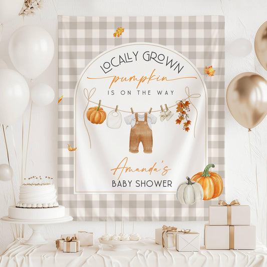 Locally Grown Pumpkin Is On The Way Baby Shower Backdrop Custom Sweet Little Pumpkin Banner Autumn Clothesline Shower Decor Fall Baby Shower - LAUMIANstudio