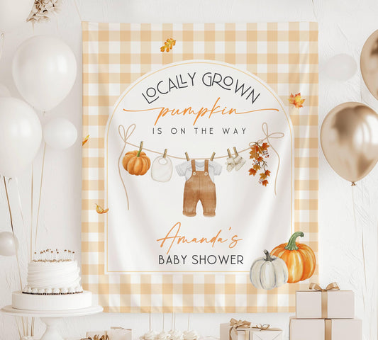 Locally Grown Pumpkin Is On The Way Baby Shower Backdrop Custom Sweet Little Pumpkin Banner Autumn Clothesline Shower Decor Fall Baby Shower - LAUMIANstudio