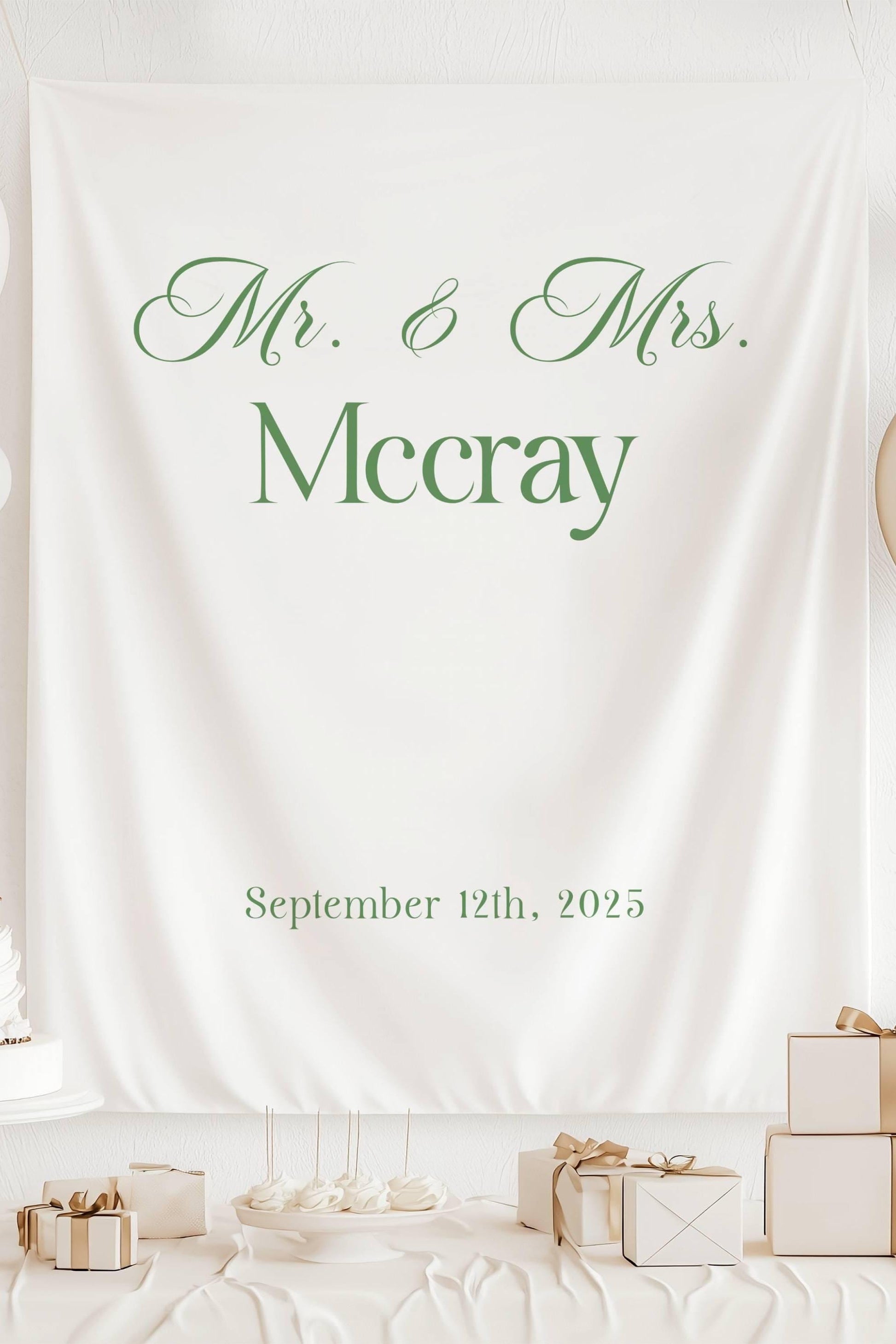 Personalized Mr. & Mrs. Backdrop Minimalist Wedding Banner Sage Green Wedding Decor Custom Bridal Shower Sign Mr Mrs Tapestry Boho Wedding - LAUMIANstudio
