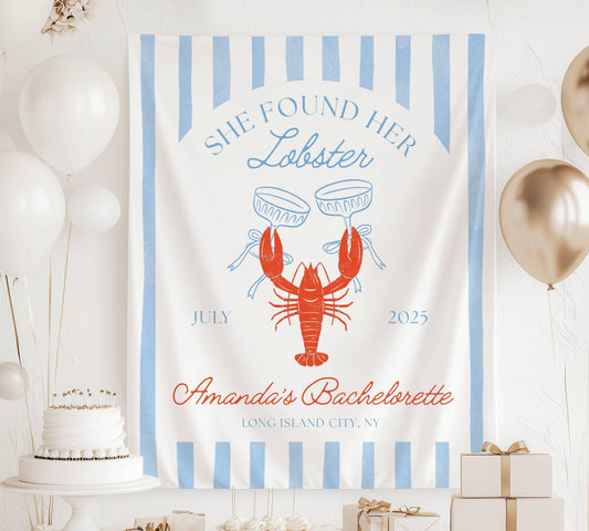 She Found Her Lobster Banner Custom Nautical Bachelorette Backdrop Summer Beach Shower Decor Coastal Lobster Bach Sign Personalized Tapestry - LAUMIANstudio