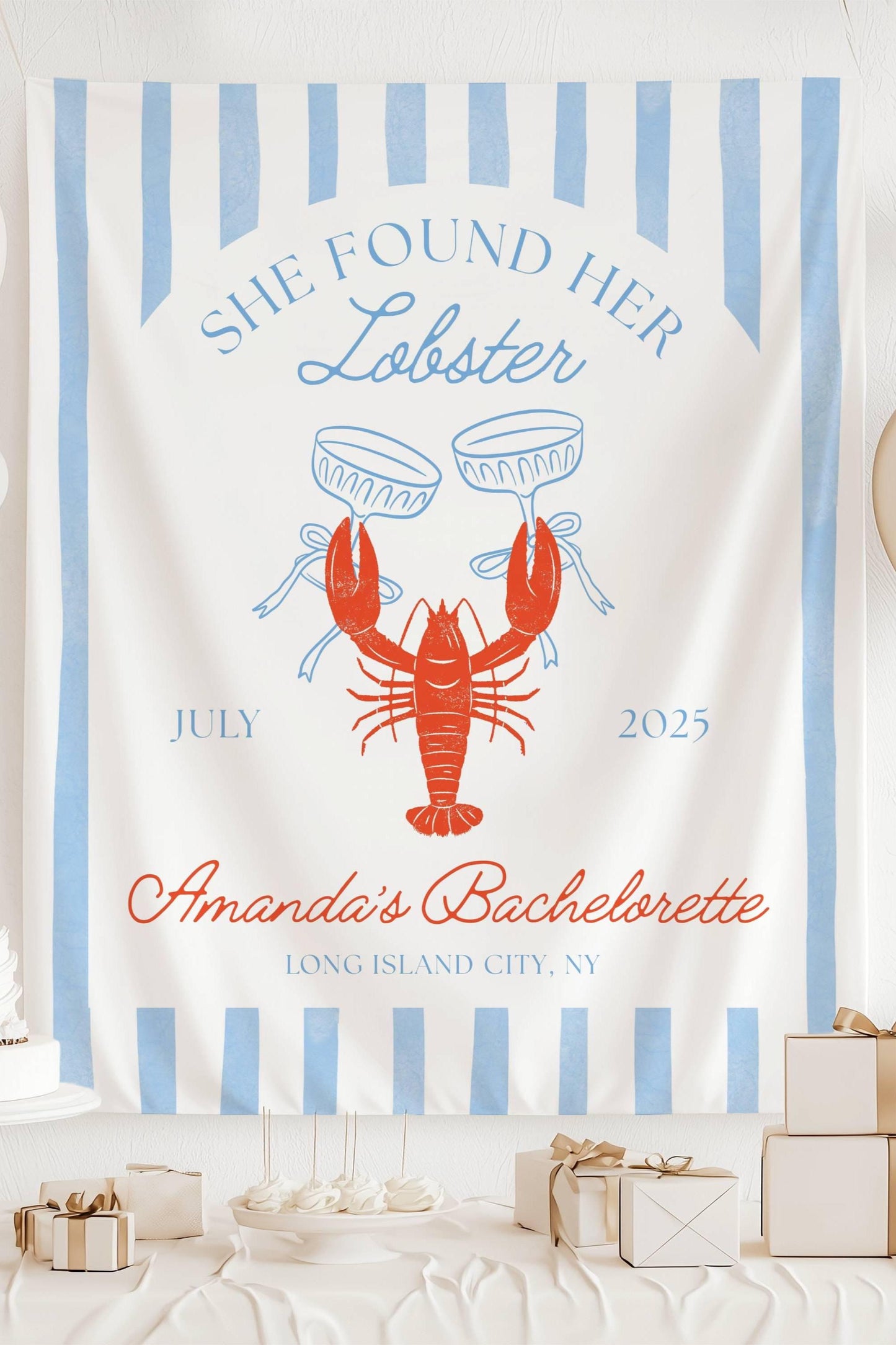 She Found Her Lobster Banner Custom Nautical Bachelorette Backdrop Summer Beach Shower Decor Coastal Lobster Bach Sign Personalized Tapestry - LAUMIANstudio