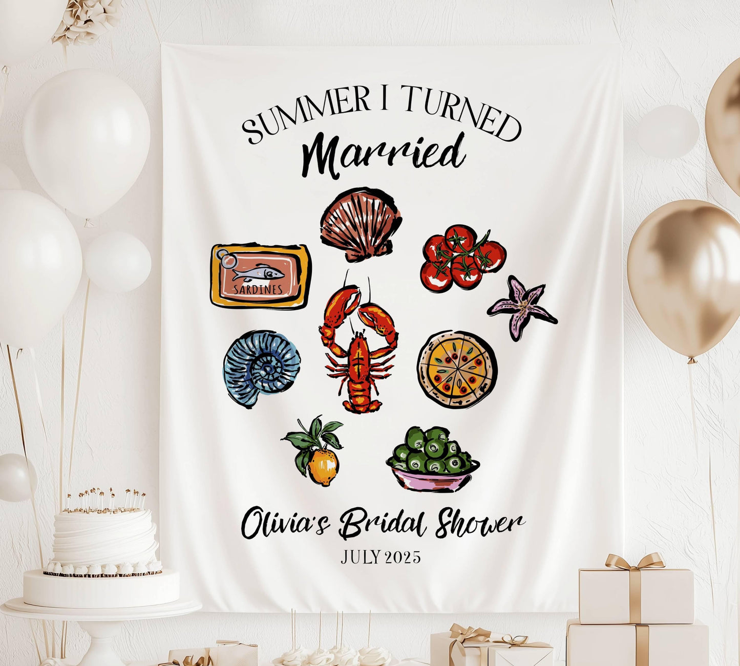 Coastal Summer I Turned Married Sign Custom Lobster Bridal Shower Banner Whimsical Seashell Fabric Backdrop Amalfi Coast Bachelorette Banner - LAUMIANstudio
