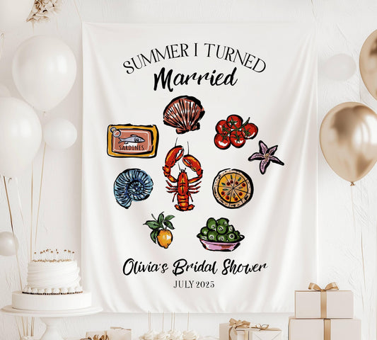 Coastal Summer I Turned Married Sign Custom Lobster Bridal Shower Banner Whimsical Seashell Fabric Backdrop Amalfi Coast Bachelorette Banner - LAUMIANstudio