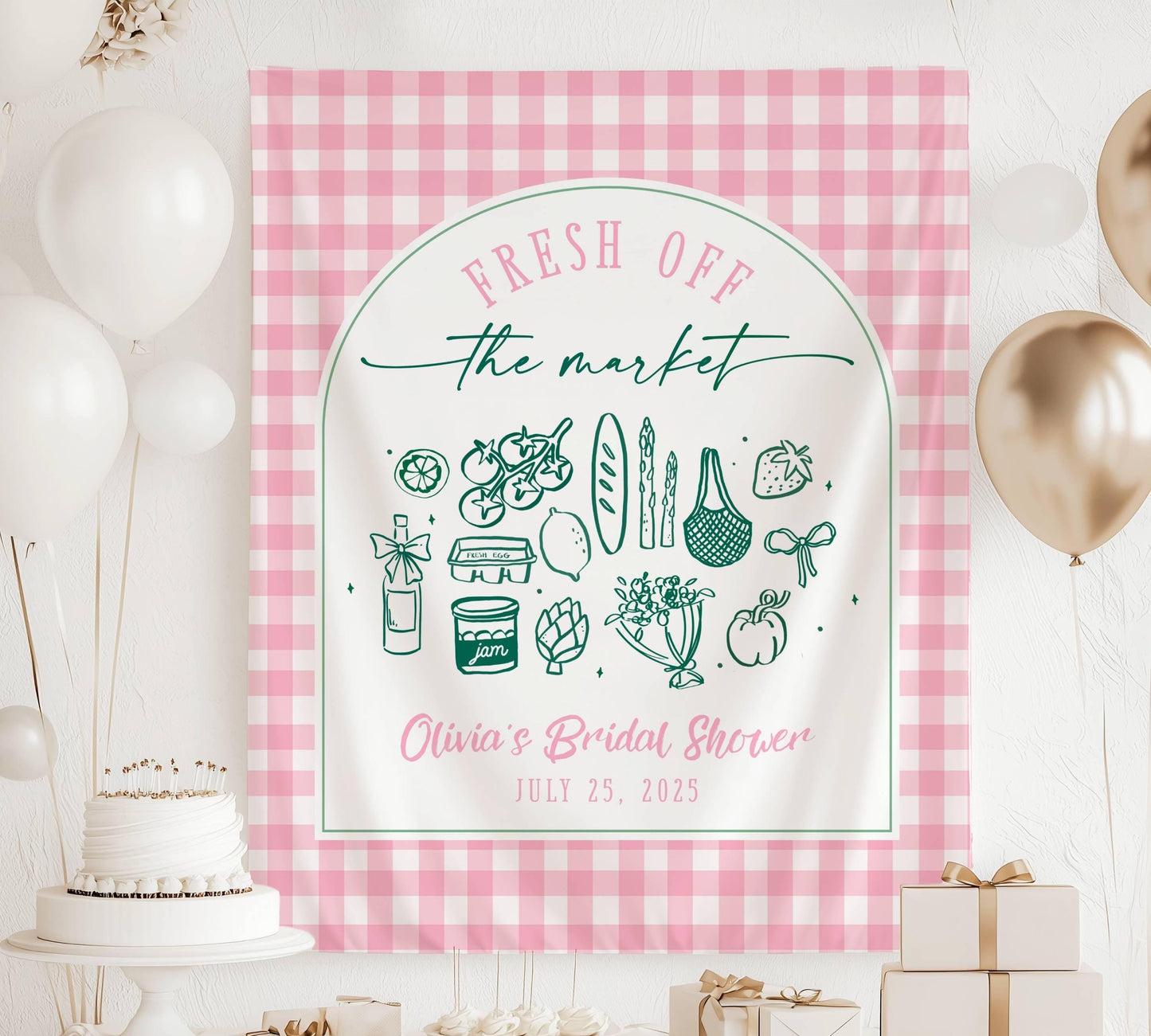 Off The Market Bridal Shower Backdrop Pink Gingham Market Wall Tapestry Personalized Off the Market Sign Bridal Shower Bouquet Photo Banner - LAUMIANstudio
