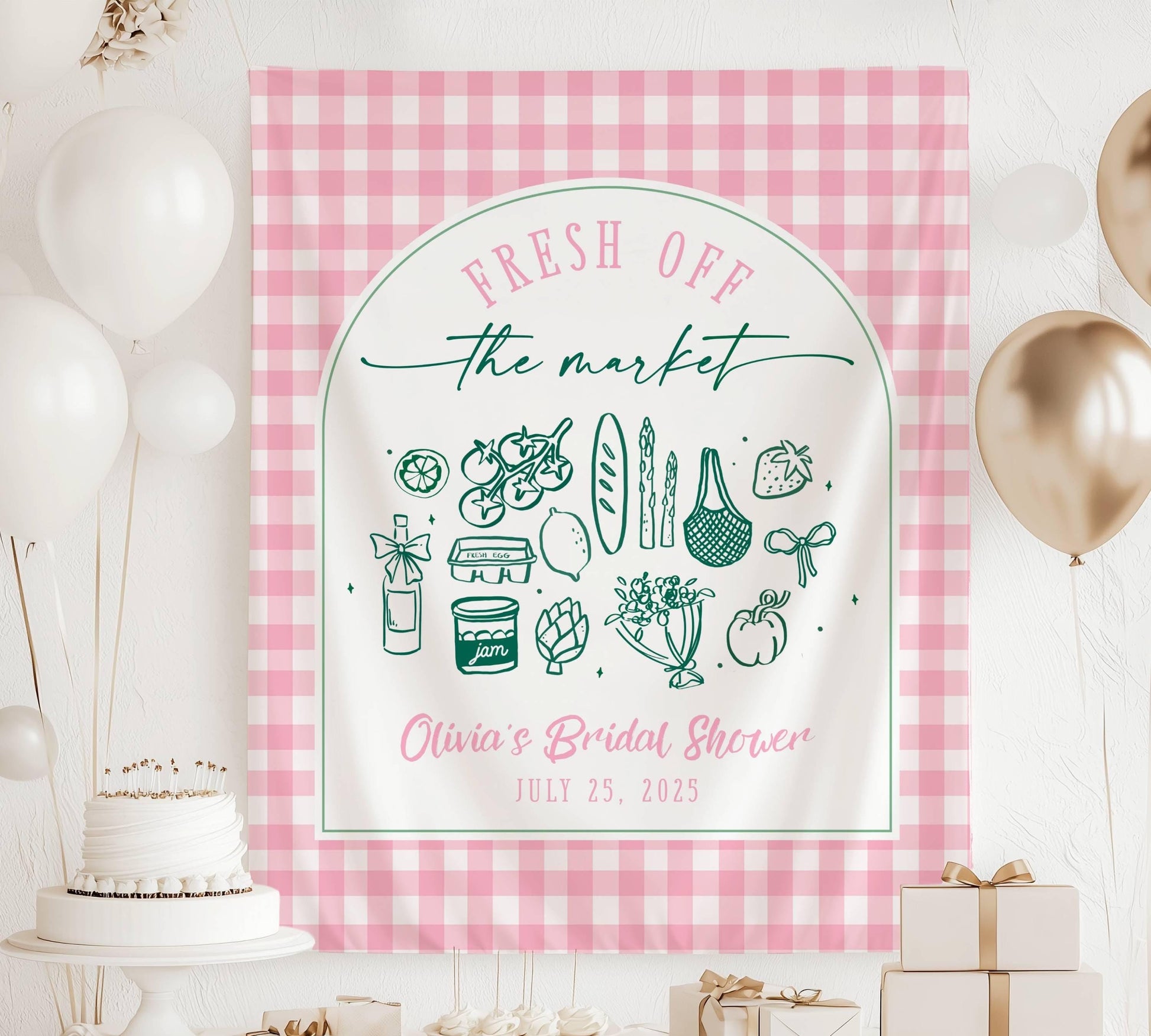 Off The Market Bridal Shower Backdrop Pink Gingham Market Wall Tapestry Personalized Off the Market Sign Bridal Shower Bouquet Photo Banner - LAUMIANstudio