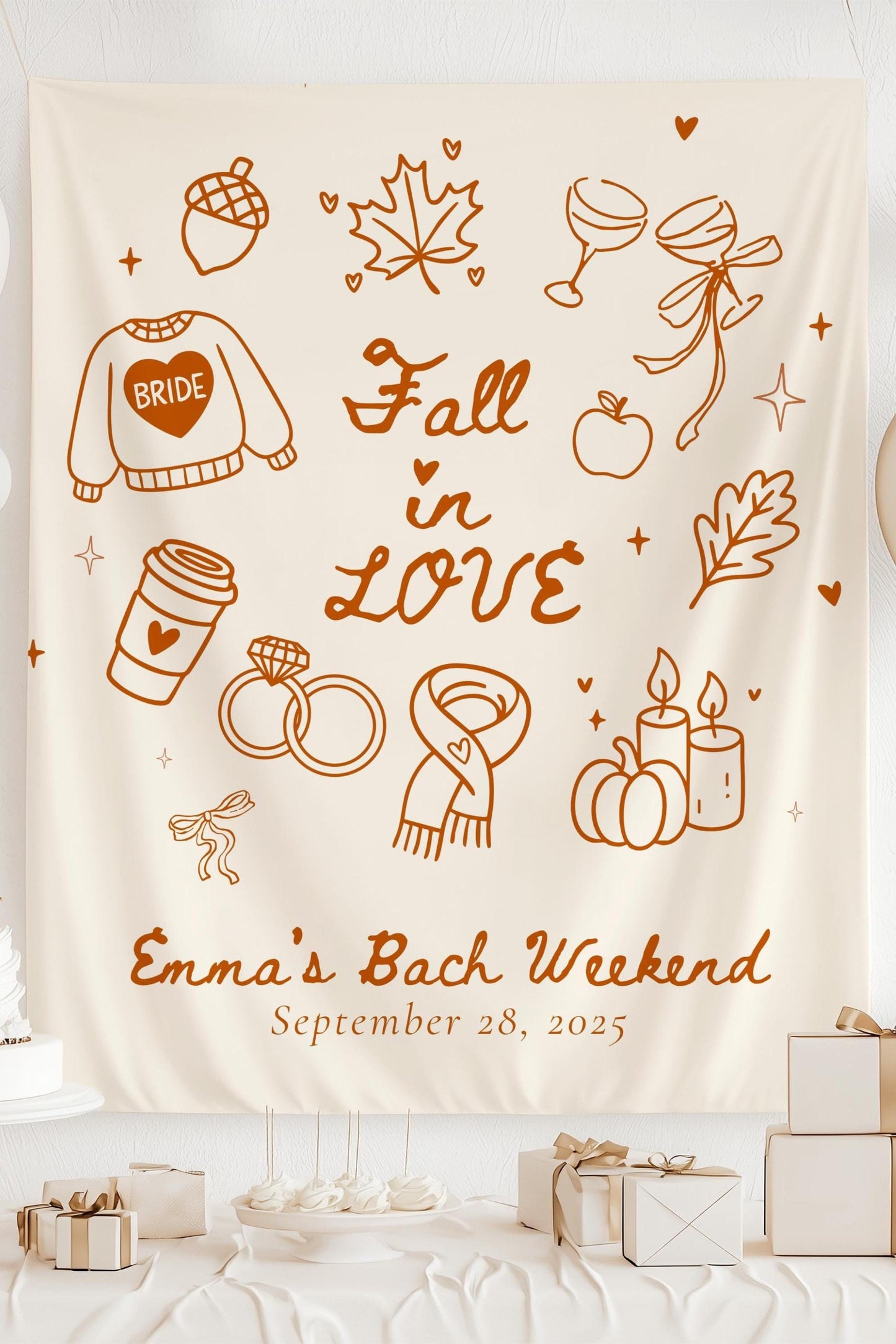 Fall in Love Bachelorette Banner Autumn Bridal Shower Backdrop Custom Fall Wall Tapestry Fall in Love Bach Weekend Fabric Sign Pumpkin Patch - LAUMIANstudio
