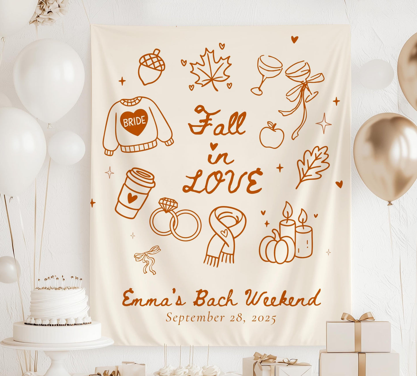 Fall in Love Bachelorette Banner Autumn Bridal Shower Backdrop Custom Fall Wall Tapestry Fall in Love Bach Weekend Fabric Sign Pumpkin Patch - LAUMIANstudio