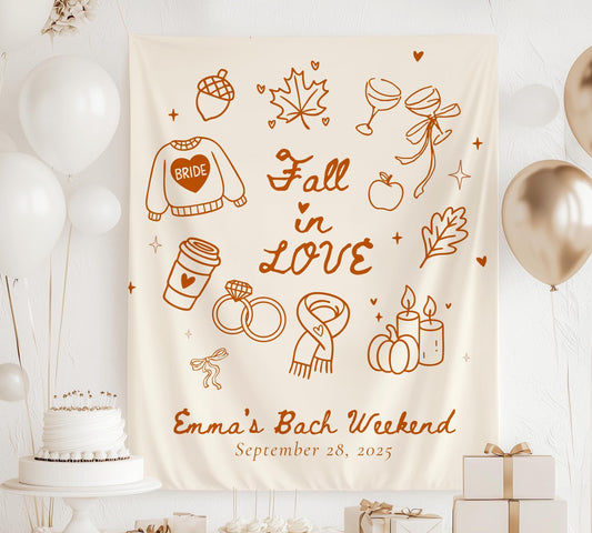 Fall in Love Bachelorette Banner Autumn Bridal Shower Backdrop Custom Fall Wall Tapestry Fall in Love Bach Weekend Fabric Sign Pumpkin Patch - LAUMIANstudio