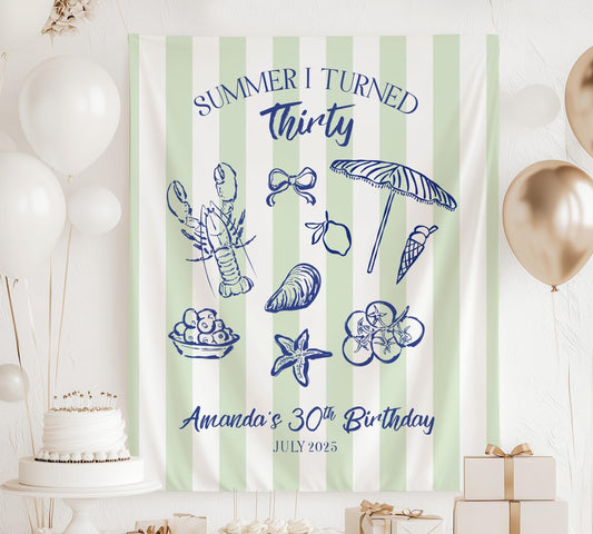 Summer I Turned Birthday Banner Custom Coastal Birthday Party Decor Beach 30th Birthday Tapestry Summer I Turned Thirty Photo Backdrop - LAUMIANstudio