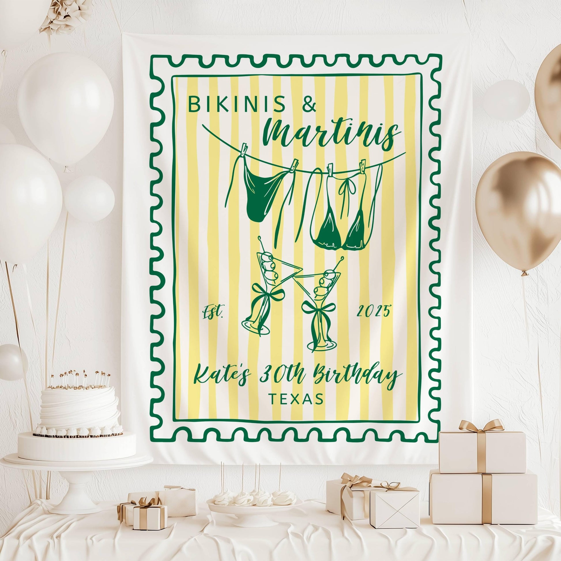 Trendy Bachelorette Banner Bikinis and Martinis Backdrop Beach Bach Banner Custom Amalfi Coast Bridal Shower Welcome Sign Cocktail Decor - LAUMIANstudio