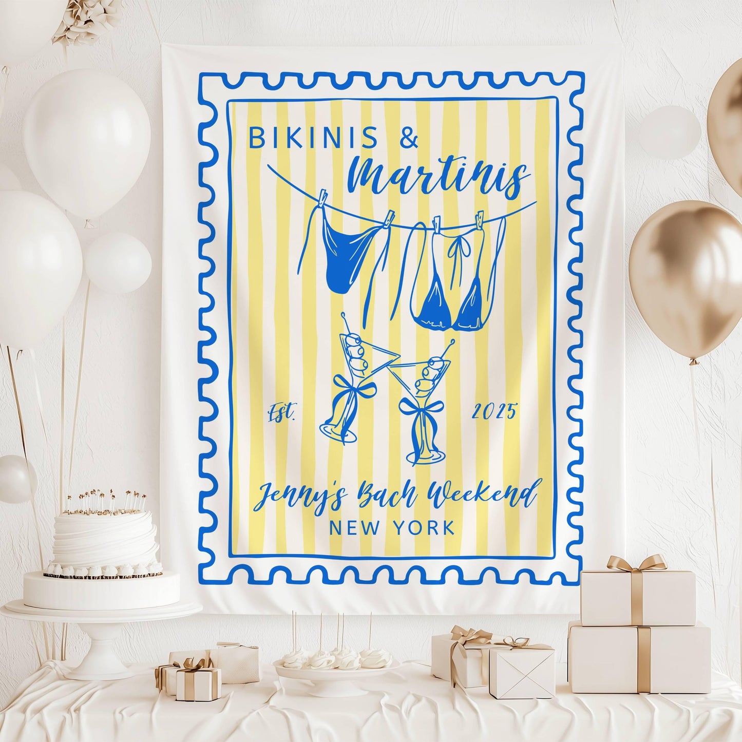 Bikinis Martinis Bachelorette Banner Coastal Summer Bridal Shower Decor Bikinis Martinis Banner Stamp Custom Backdrop Bikinis Martinis Sign - LAUMIANstudio