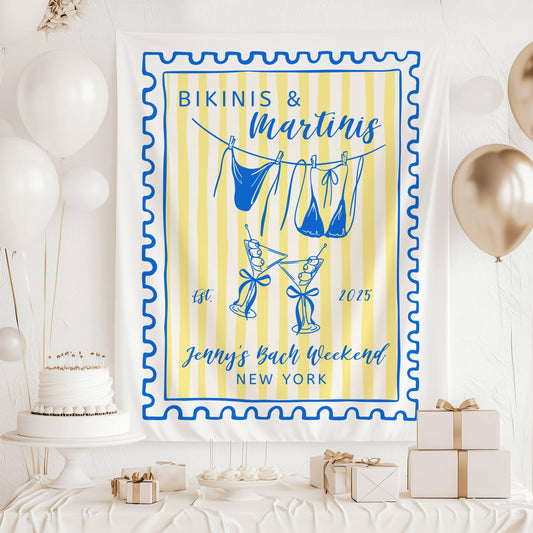 Bikinis Martinis Bachelorette Banner Coastal Summer Bridal Shower Decor Bikinis Martinis Banner Stamp Custom Backdrop Bikinis Martinis Sign - LAUMIANstudio