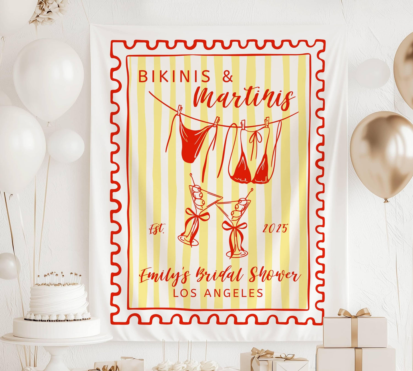 Bikinis Martinis Bachelorette Banner Coastal Summer Bridal Shower Decor Bikinis Martinis Banner Stamp Custom Backdrop Bikinis Martinis Sign - LAUMIANstudio