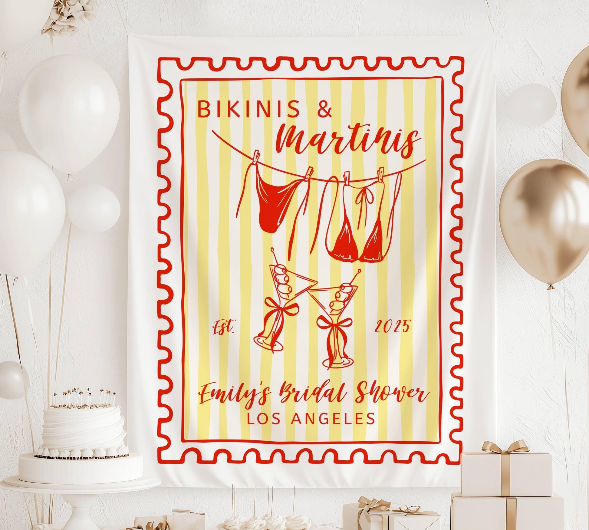 Bikinis Martinis Bachelorette Banner Coastal Summer Bridal Shower Decor Bikinis Martinis Banner Stamp Custom Backdrop Bikinis Martinis Sign - LAUMIANstudio