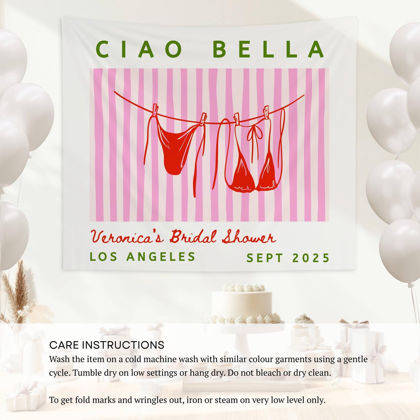 Summer Coastal Bachelorette Backdrop Italian Bachelorette Ciao Bella Bridal Shower Decor Bikini Clothesline Banner Ciao Bella Fabric Sign - LAUMIANstudio