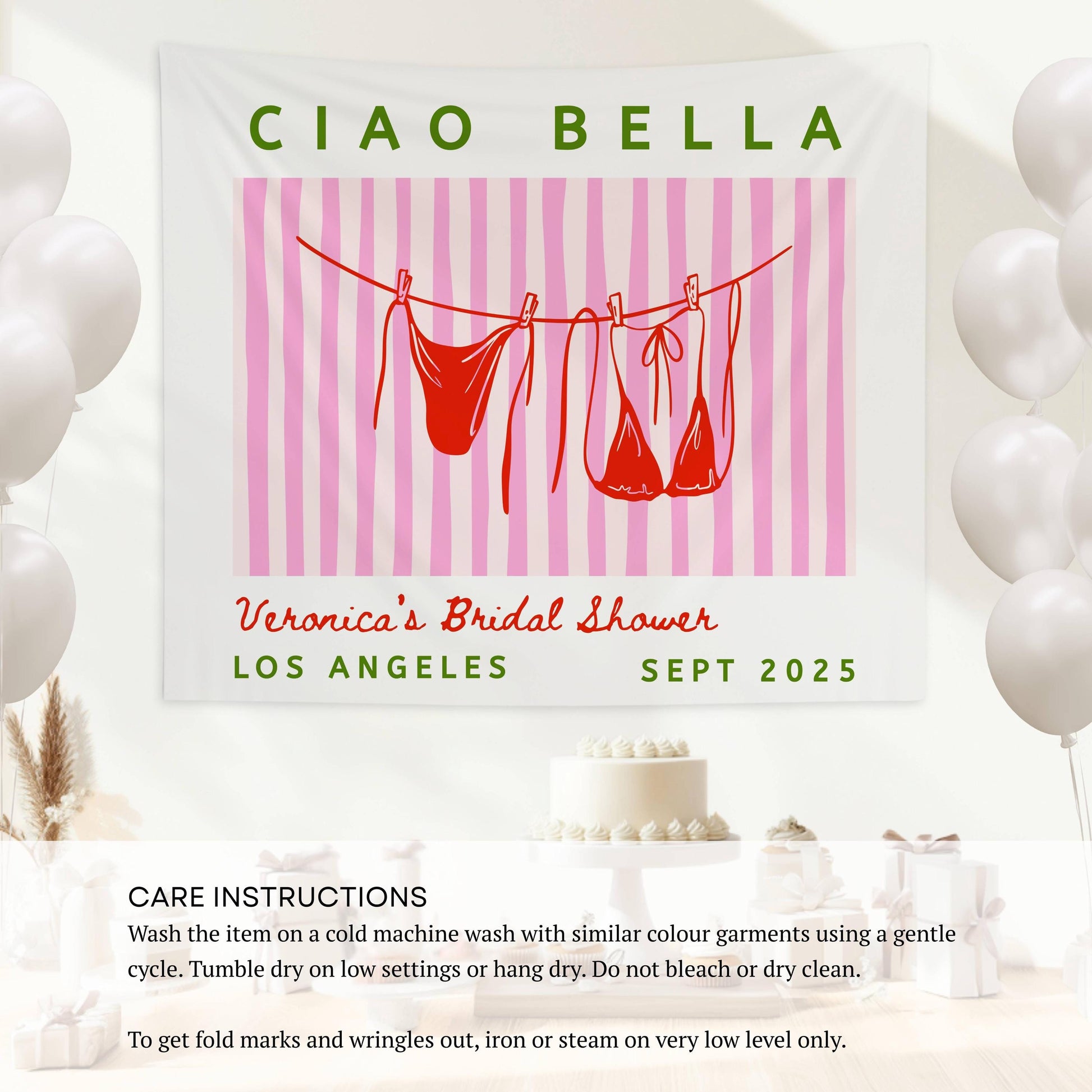 Summer Coastal Bachelorette Backdrop Italian Bachelorette Ciao Bella Bridal Shower Decor Bikini Clothesline Banner Ciao Bella Fabric Sign - LAUMIANstudio