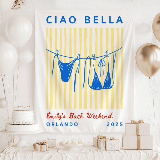 Summer Coastal Bachelorette Backdrop Italian Bachelorette Ciao Bella Bridal Shower Decor Bikini Clothesline Banner Ciao Bella Fabric Sign - LAUMIANstudio