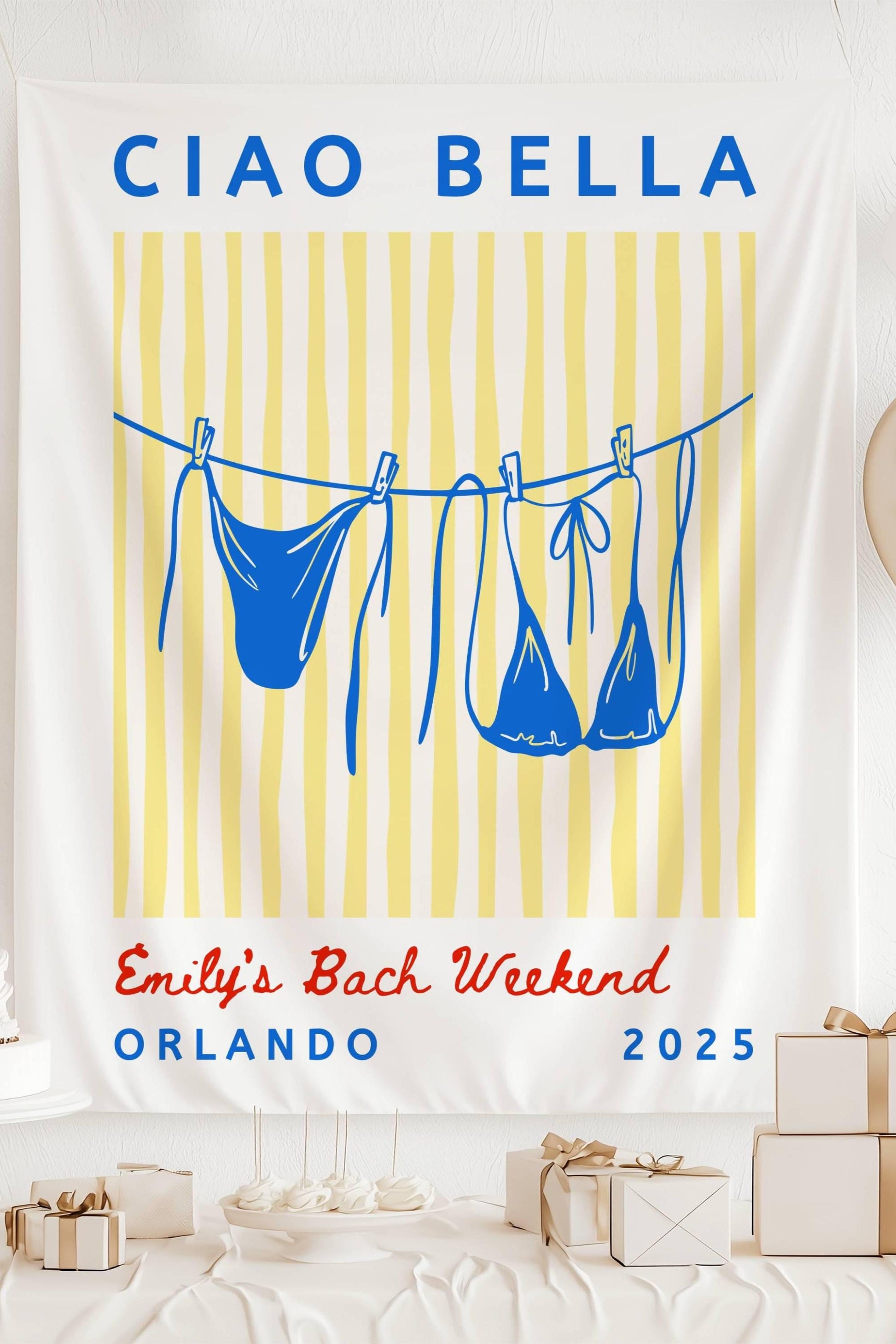 Ciao Bella Banner Custom Bikini Bachelorette Backdrop Ciao Bella Bridal Shower Wall Tapestry Striped Bikini Clothesline Decor Bach Party - LAUMIANstudio