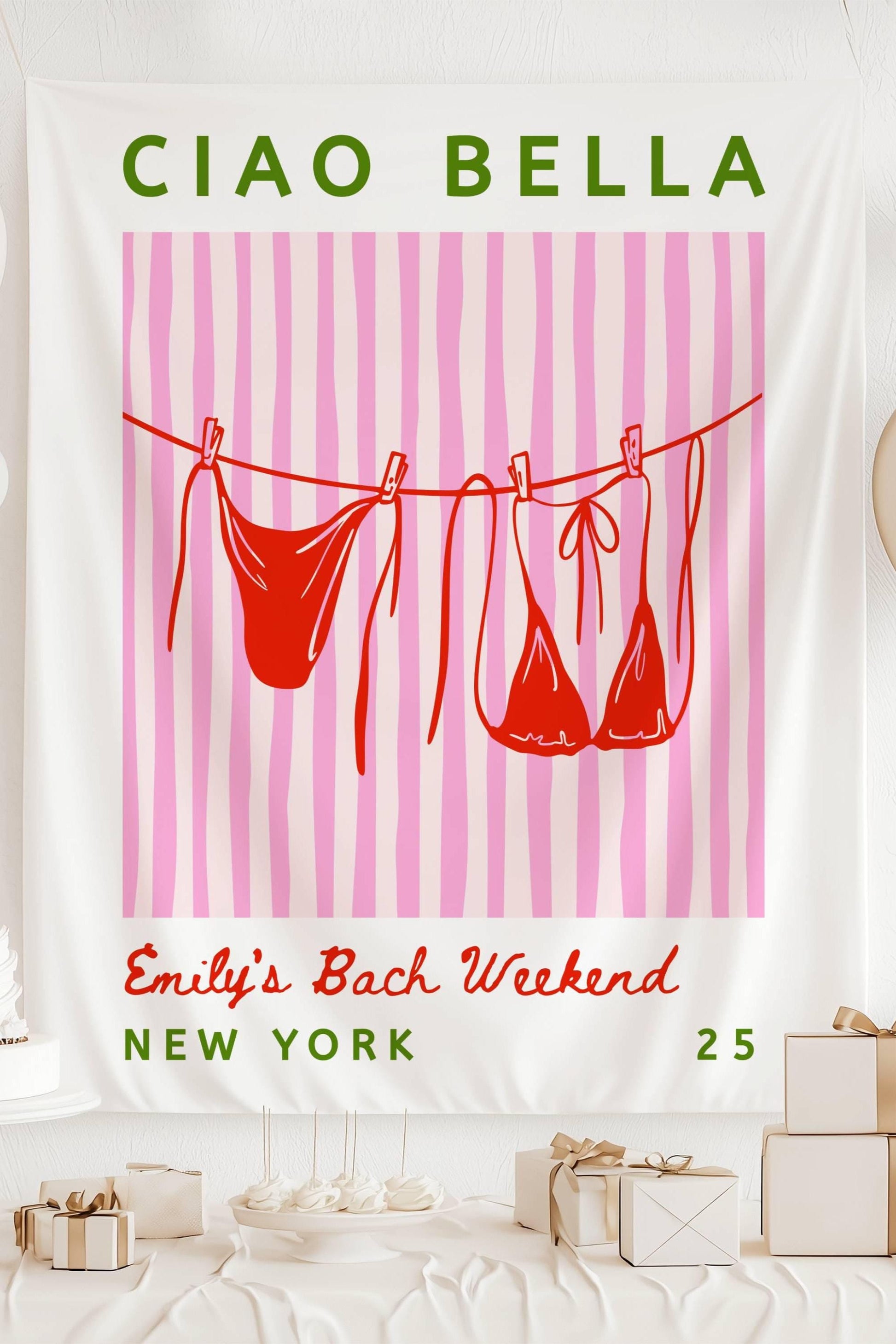 Summer Coastal Bachelorette Backdrop Italian Bachelorette Ciao Bella Bridal Shower Decor Bikini Clothesline Banner Ciao Bella Fabric Sign - LAUMIANstudio