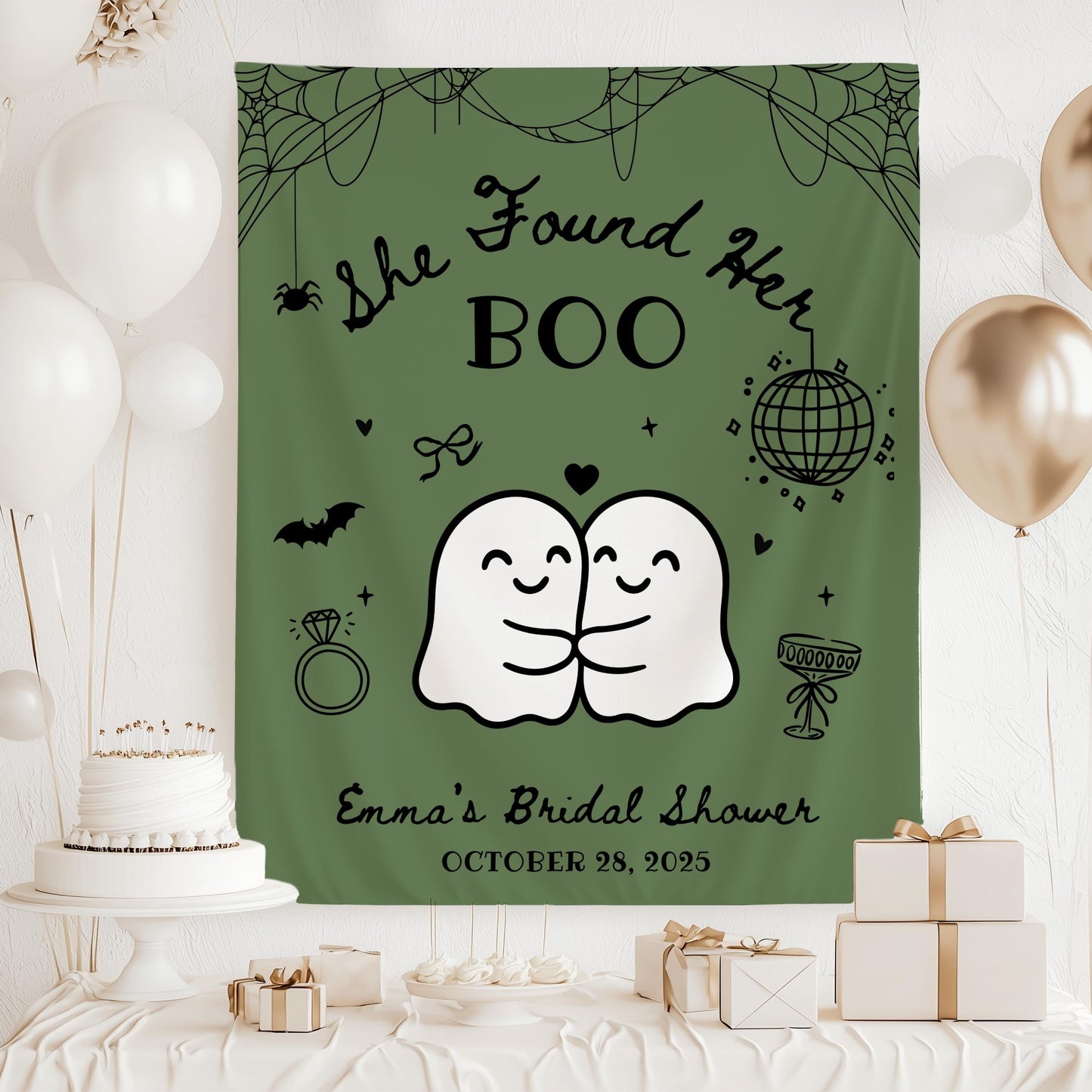 Spooky Bachelorette Party Banner Custom Cute Ghost Bachelorette Banner She Found Her Boo Backdrop Ghost Bridal Shower Fabric Sign Halloween - LAUMIANstudio