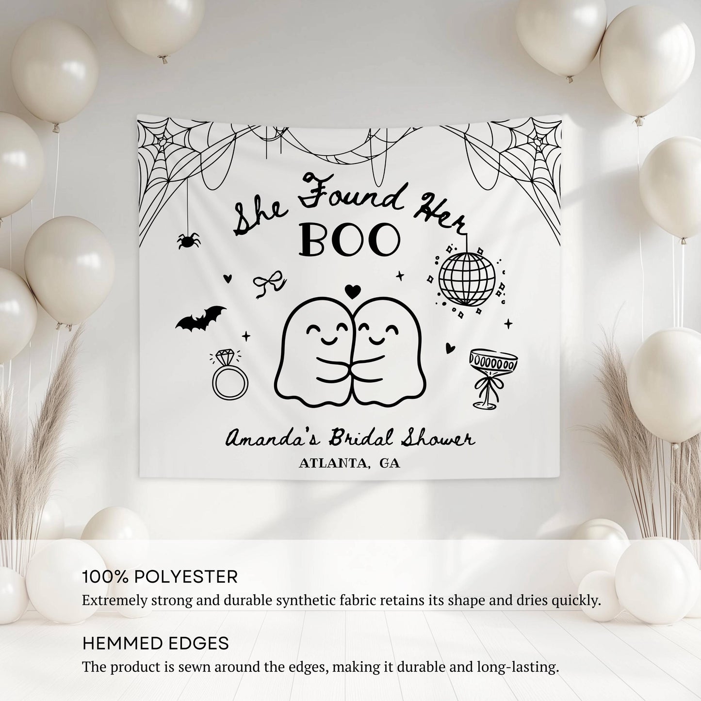 Spooky Bachelorette Party Banner Custom Cute Ghost Bachelorette Banner She Found Her Boo Backdrop Ghost Bridal Shower Fabric Sign Halloween - LAUMIANstudio