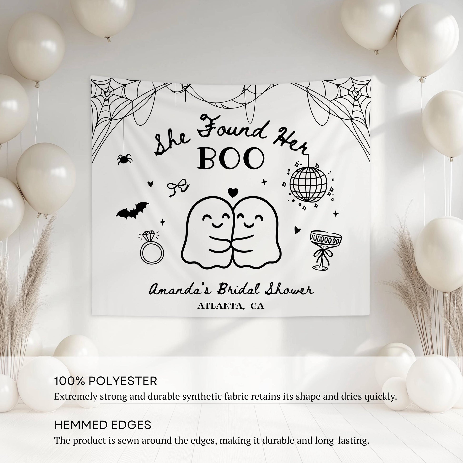 Spooky Bachelorette Party Banner Custom Cute Ghost Bachelorette Banner She Found Her Boo Backdrop Ghost Bridal Shower Fabric Sign Halloween - LAUMIANstudio