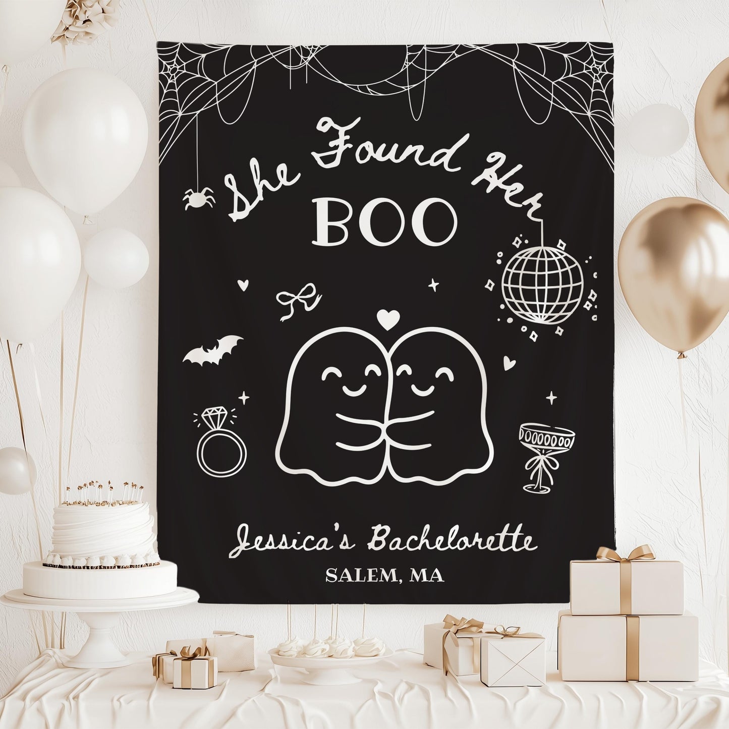 Spooky Bachelorette Party Banner Custom Cute Ghost Bachelorette Banner She Found Her Boo Backdrop Ghost Bridal Shower Fabric Sign Halloween - LAUMIANstudio